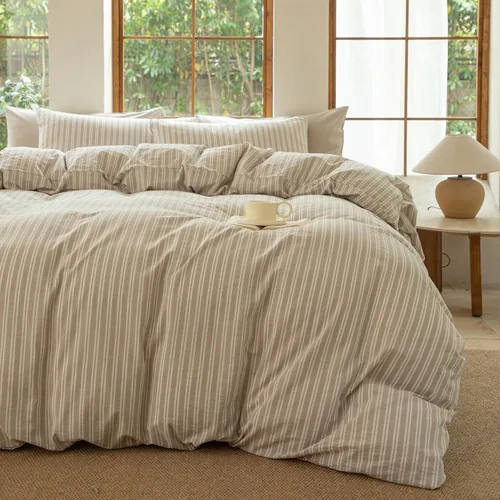 Juego de funda de edredón a rayas 100% algodón lavado similar al lino suave al tacto transpirable (rayas-beige/blanco, individual)