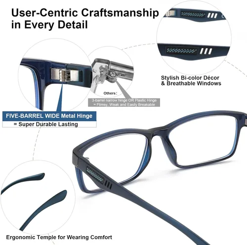 Vista 4 de CARA Extremely Lightweight Progressive Multifocus Reading Glasses for Men No-Line Blue Light Blocking Computer Readers