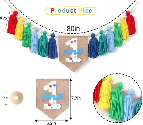 Vista 2 de Cartel de arcoíris para primera silla de alta – Colorido cartel de borla para silla de bebé, primer cumpleaños niño, telón de fondo de pastel