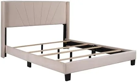 Vista 4 de Marco de cama tapizado de terciopelo Queen con cabecera y soporte de listones de madera, marco de cama tamaño Queen, marco de cama moderno Cama Beige