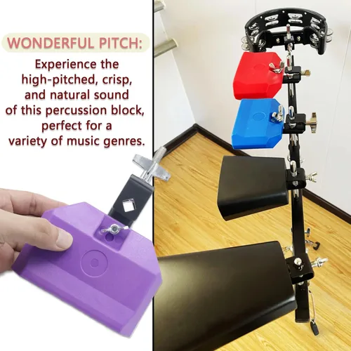 Vista 5 de Cashbeat Bloque de mermelada de 5 pulgadas, bloques de percusión musical de plástico morado, soporte de montaje ajustable, instrumento de tambor