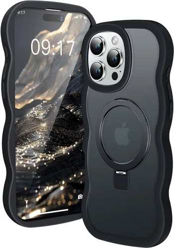 Vista 12 de Funda [Cute Wave Frame+Mag Stand] Diseñada para iPhone 14 Pro Max, [Compatible con MagSafe] Funda protectora de silicona translúcida con anillo