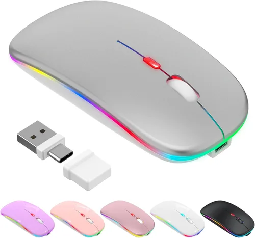 Vista 9 de Mouse inalámbrico Bluetooth para MacBook Air Mac Pro iPad, mouse silencioso recargable LED con receptor USB-A/USB-C de 2.4 GHz y mouse jiggler, Negro