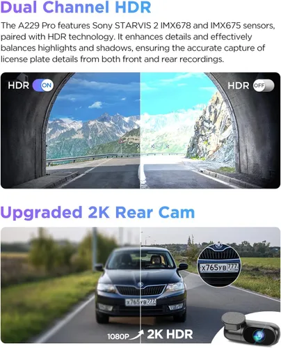 Vista 4 de VIOFO A229 Pro 4K HDR Dash Cam, Dual STARVIS 2 IMX678 IMX675, 4K+2K Cámara frontal y trasera para automóvil, 2 canales con HDR, control de voz, WiFi