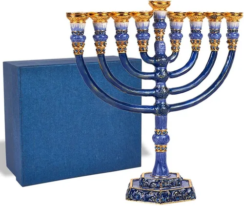 Vista 2 de Zion Judaica Menorah Menorah de estilo templo – Chanukiah de peso sólido, se adapta a las velas estándar de Janucá, candelabro Minorá en caja