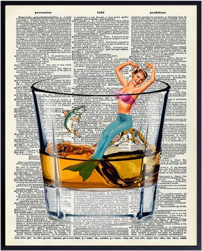 Bar Man Cave Mermaid Decor – Arte de pared de whisky escocés – Decoración de pared de pescado para hombres, chicos – Impresión divertida para beber