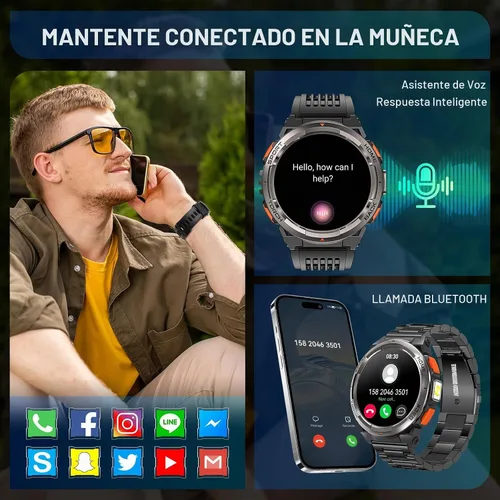 Vista 4 de Relojes inteligentes militares para hombres con linterna LED, reloj inteligente táctico resistente con 1.45 pulgadas HD, 3ATM impermeable y brújula