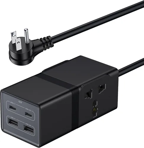 Adaptador de viaje universal, 65 W GaN cargador rápido 6 en 1 con 2 salidas internacionales, 2 USB C, 2 puertos USB, cable de extensión de 6 pies,