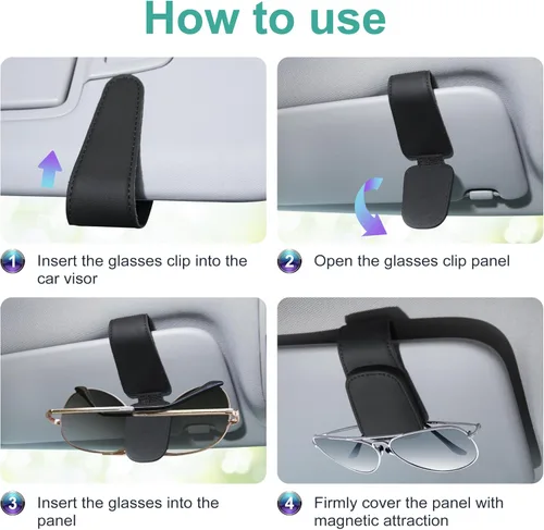 Vista 6 de 2 soportes para lentes de sol para visera de automóvil, clip magnético de cuero para visera de automóvil, clip para colgar gafas, adecuado