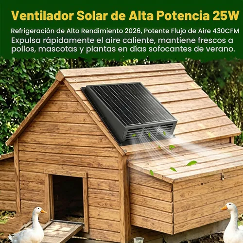 Vista 2 de Ventilador solar de 25 W para gallinero, ventilador de escape solar de 430 CFM con cable adaptador de corriente, ventilador de escape solar