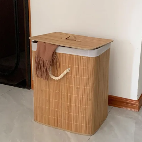 Vista 7 de Cesta de lavandería de bambú, cesta grande de almacenamiento de ropa con tapa y forro extraíble, cesta de ropa sucia independiente, cesta