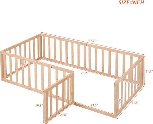 Vista 2 de Harper & Bright Designs Montessori - Cama de suelo individual con valla y puerta, marco de madera para niños y niñas (tamaño individual, natural)