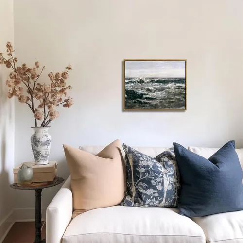 Vista 7 de Pintura francesa vintage de paisaje marino Arte de lienzo de olas de horizonte de mar con marco de 8 x 10 pulgadas