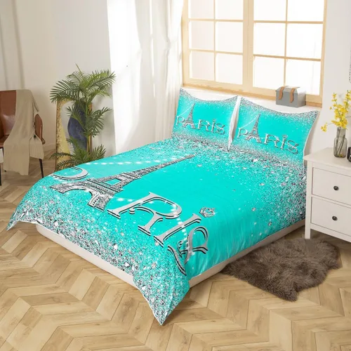 Vista 25 de Erosebridal Juego de ropa de cama de París para niñas y adolescentes, funda de edredón de la Torre Eiffel, tamaño Queen, funda de edredón