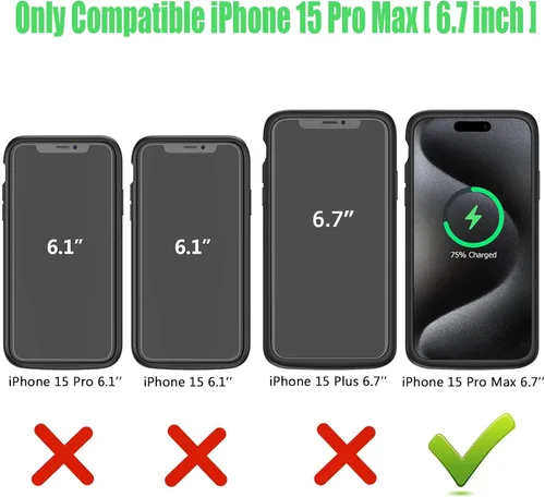 Vista 2 de Funda de carga inalámbrica para iPhone 15 Pro Max, 12000 mAh de alta capacidad, portátil, recargable, carga inalámbrica Qi con iPhone 15 Pro Max