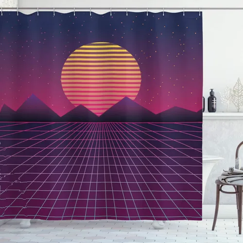 Ambesonne Synthwave Shower Curtain, Striped Sun with Triangular Mountains Retro Checkered Ground Artwork, Cloth Fabric Bathroom Decor Set with