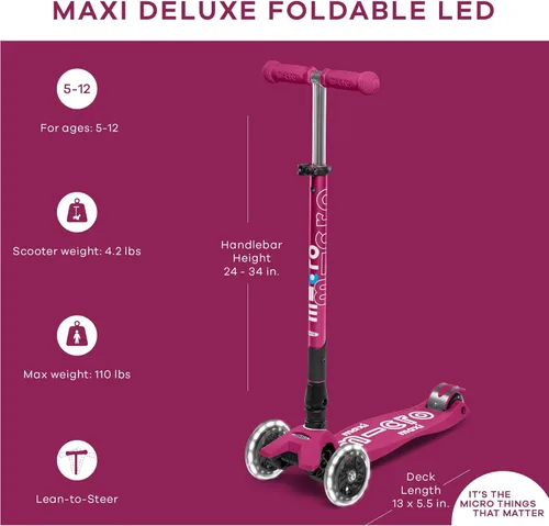 Vista 8 de Micro Kickboard – Maxi Deluxe plegable LED – Triciclo, inclinarse para dirigir, plegable para llevar – Micro patinete suizo diseñado para niños