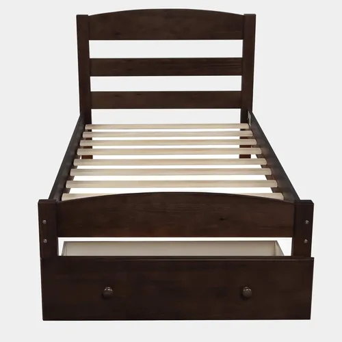 Vista 7 de SOFTSEA Cama de madera de tamaño individual con cajones de almacenamiento, marco de cama de madera maciza moderna de mediados de siglo con cabecero