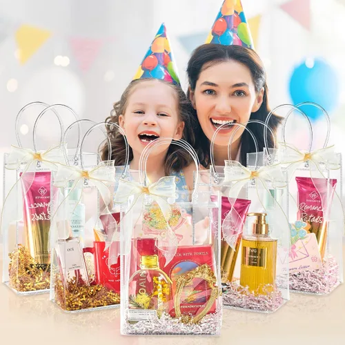Vista 6 de Ohuimrt 20 bolsas de regalo de plástico transparente con asas, bolsas de recuerdo para fiestas reutilizables con cinta, bolsas de regalo