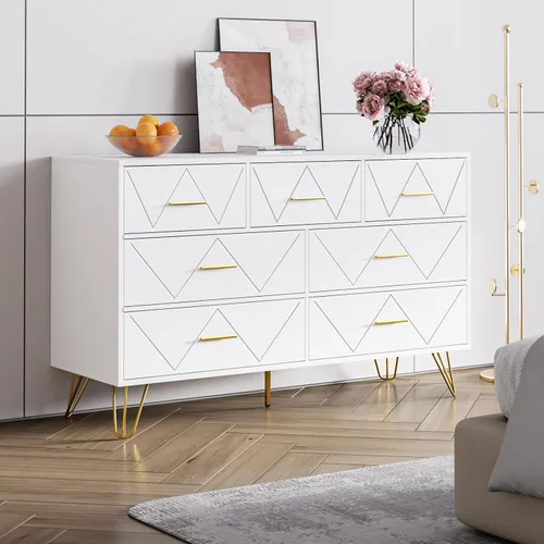 Vista 27 de Cómoda de 7 cajones para dormitorio, color blanco con patas y asas doradas, cómoda de madera, cómoda moderna para sala de estar, pasillo, guardería