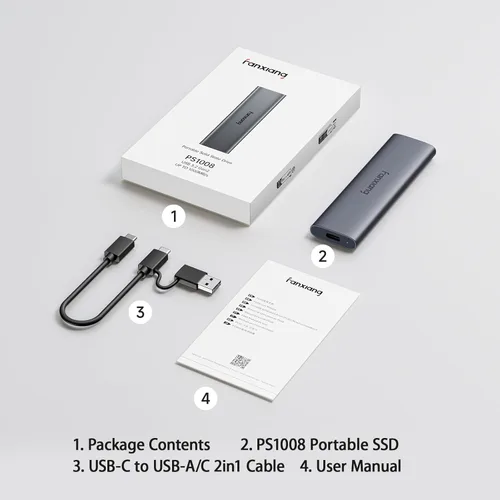 Vista 8 de fanxiang SSD externo de 2 TB - Unidad de estado sólido externa SSD portátil, 1000 MB/s, USB 3.2 Gen2 tipo C, aleación de aluminio, disco duro