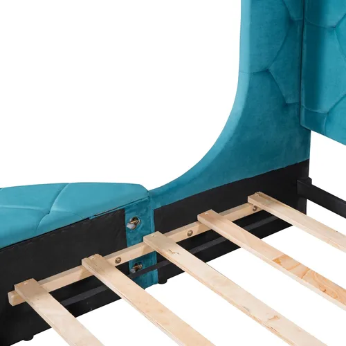 Vista 17 de Elegante cama de plataforma tapizada de terciopelo con 1 cajón grande y 2 taburetes de almacenamiento laterales, base de colchón de plataforma