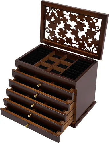 Vista 14 de Wooden Jewelry Box for Women 3-Tier Jewelry Organizer Box Dark Brown