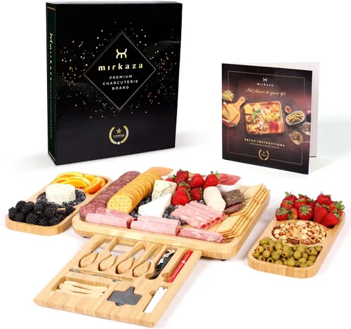 Juego de tabla de queso de bambú y cuchillos, juego de tablas de madera para charcutería con marcador de copa de vino, bandeja de tablas de queso
