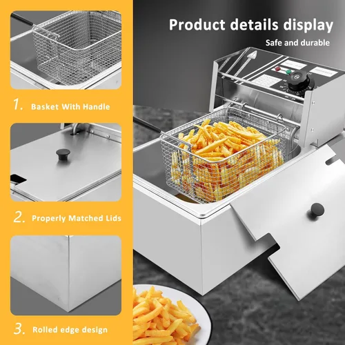 Vista 3 de Freidora comercial, freidora eléctrica de encimera de 2500 W con canasta, freidora de aceite de acero inoxidable de 11.4 cuartos de galón