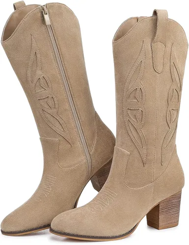 Vista 4 de SHIBEVER Botas vaqueras para mujer Medio Botas vaqueras negras de pantorrilla ancha con bordado occidental de tacón alto con punta redonda