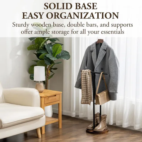 Vista 2 de MyGift Moderno soporte de valet de ropa con colgador rústico de madera maciza quemada, base de madera redonda y soporte industrial de metal negro