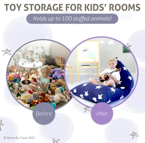 Vista 5 de Butterfly Craze - Asiento tipo puf con espacio de almacenamiento para rellenarse con muñecos de peluche - Asiento y organizador de juguetes de gran