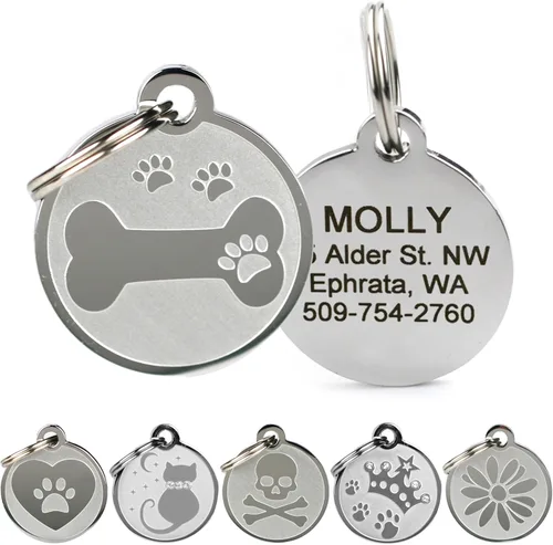 Vista 5 de Placas personalizables para mascotas, de acero inoxidable, para perros y gatos. Grabado personalizable con cuatro líneas de texto, elegante