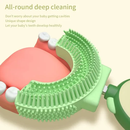 Vista 2 de Cepillo de dientes en forma de U para niños, cabezal de cepillo de silicona suave de grado alimenticio con mango en forma de fruta, cepillo