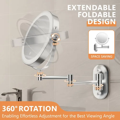 Vista 7 de Auxmir Espejo de maquillaje montado en la pared 1X/30X con luz, espejo de aumento recargable de doble cara de 8 pulgadas, espejo de tocador