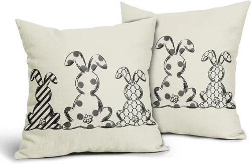 Vista 2 de Juego de 2 fundas de almohada decorativas de conejo de Pascua de 16 x 16 pulgadas, diseño de conejito a rayas blancas y negras, juego de 2 almohadas