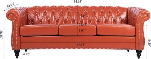 Vista 9 de Sofá Chesterfield moderno de tres plazas, sofá de piel sintética con brazos enrollados, cómodos sofás para sala de estar, oficina, sala de recepción