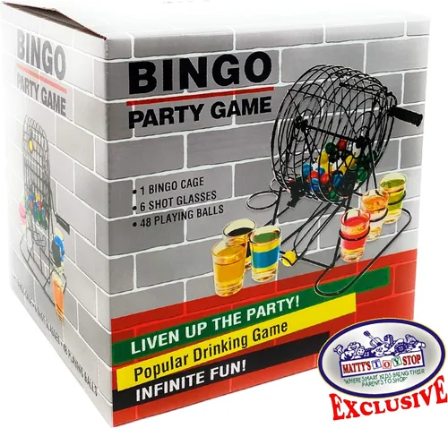 Vista 3 de Matty's Toy Stop Drunken Bingo Deluxe - Juego de beber con jaula de metal y vasos de chupito codificados por