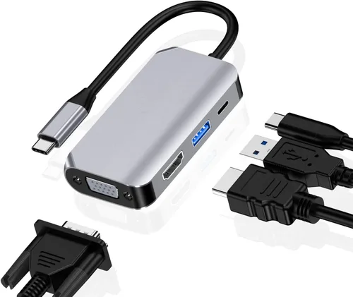 Vista 8 de Concentrador adaptador USB C, 4 en 1 USB tipo C a HDMI 4K, VGA, USB3.0 y USB-C PD multipuerto estación de acoplamiento compatible con dispositivos