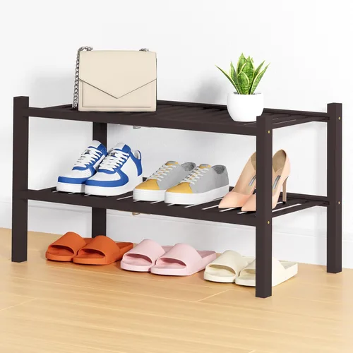 Vista 23 de Smiry Zapatero pequeño de bambú de 2 niveles, apilable, estante de almacenamiento de zapatos de madera para armario, entrada, entrada de puerta Negro