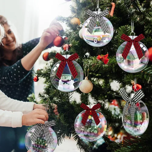 Vista 5 de Yookeer 64 discos de plástico para adornos navideños, bolas de plástico iridiscentes transparentes rellenables con tapa plateada y lazos a cuadros