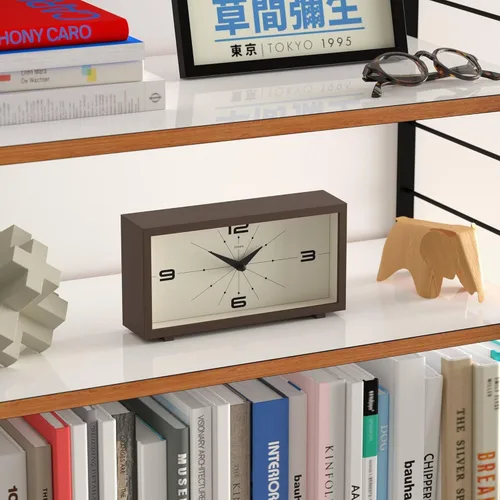Vista 5 de JONES CLOCKS® Reloj de escritorio 'Odeon' Diseño rectangular moderno en marrón, aspecto retro elegante para estante, mesa, repisa de chimenea
