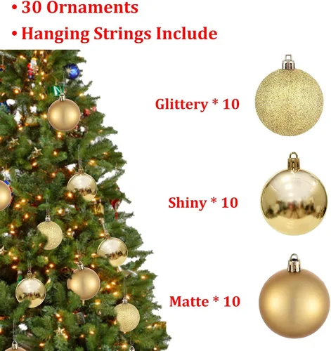 Vista 2 de Bolas de Navidad doradas para árbol de Navidad, 30 piezas de 60 mm, decoraciones de árbol de Navidad inastillables, bolas colgantes de 2.36
