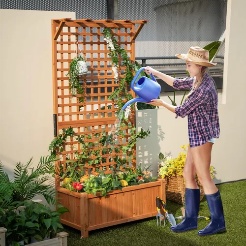 Vista 2 de HAPPYGRILL Cama de jardín elevada de 72.5 pulgadas con enrejado y jardinera Maceta elevada con agujeros de drenaje, caja de jardín para plantas