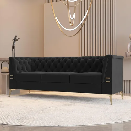 Vista 20 de Sofá moderno de terciopelo de 85.63 pulgadas con patas de metal dorado, tapizado grande de mediados de siglo, moderno, cómodo, sofás de 3 plazas