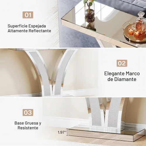 Vista 6 de Tribesigns Mesa de consola con espejo, moderna mesa de sofá de entrada plateada con marcos de incrustaciones de cristal para sala de estar, pasillo