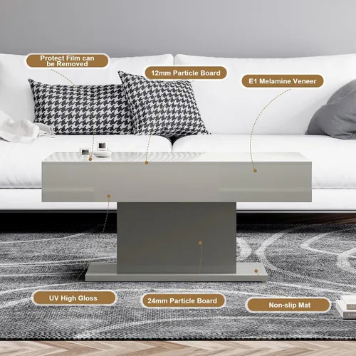 Vista 4 de HedoAjim - Mesa de café LED para sala de estar, mesa rectangular central para sala de estar, mesas de café modernas de madera con alto brillo y Gris