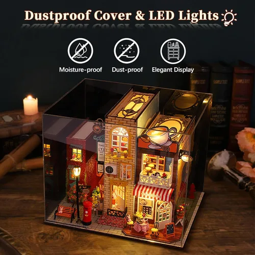 Vista 6 de Kit de casa de muñecas en miniatura, kit de rincón de libro, modelo de casa pequeña con caja de música LED, rompecabezas de madera 3D para adultos