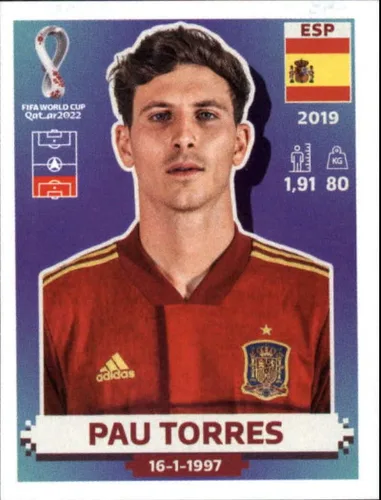 2022 Panini World Cup Soccer Sticker #ESP9 Pau Torres Spain Group E Official Qatar WC Album Sticker in Raw (NM or Better) - Measuring 2 Inches Wide