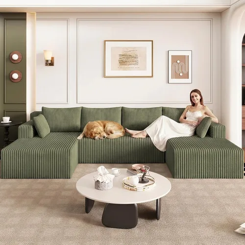 Vista 67 de Sofá modular de 95 pulgadas con otomana, moderno sofá nube de pana con asiento profundo, sofá sin hueso tapizado de 3 plazas en forma de U para sala